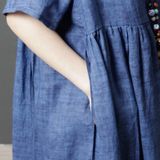 Zomer Ronde Hals Solid Color Ramie Veters losse jurk voor vrouwen (kleur: blauwe maat: M)