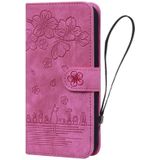 Voor iPhone 14 Pro Max Cartoon Sakura Kat relif lederen telefoonhoes