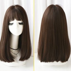 Realistische Long Straight Hair Wig synthetische vezel hoofddeksels voor vrouwen  stijl: korte bruin-zwarte 45CM