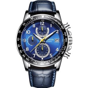 OCHSTIN 6112B multifunctioneel quartz waterdicht lichtgevend heren lederen horloge (zilver + blauw)