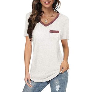 Zomerkleur Bijpassende V-hals Pocket Losse Casual Katoen T-shirt met korte mouwen voor dames (kleur: wit Maat: XL)