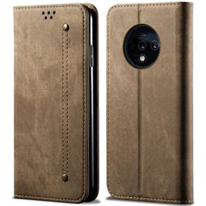 Voor OnePlus 7T denim textuur casual stijl horizontale Flip lederen draagtas met houder & kaartsleuven & portemonnee (kaki)