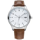 Yazole 502 Arabische cijfers Heren Business Watch Fashion Quartz horloge (zilveren shell witte lade bruine riem)