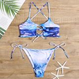 2 in 1 Gedrukt Lace-Up Bikini Dames Split Badpak Set met Borst Pad (Kleur: Zee Blauw Maat: L)