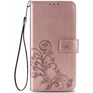 Voor OnePlus 8 Vierbladige gesp in relif gesp PU lederen kast met Holder & Card Slots & Wallet & Hand Strap (Rose Gold)