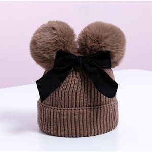 MZ7153 Double Wool Ball Bowknot Kinderen Gebreide hoed met katoenen warme babyhoed  grootte: ongeveer 6-36 maanden (donkerbruin)