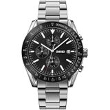 SKMEI 9253 Heren Stopwatch Datum Six Pin Stainless Steel Strap Quartz horloge (Silver Black)