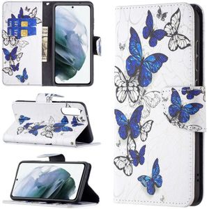 Voor Samsung Galaxy S21 FE gekleurde tekening patroon horizontale flip lederen geval met houder en kaart slots & portemonnee (blauwe vlinders)