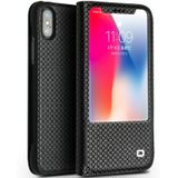 Voor iPhone XS / X QIALINO Grid Texture Horizontale Flip Lederen case met Smart View Window & Sleep / Wake-up Function(Zwart)