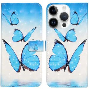 Voor iPhone 15 Pro lederen telefoonhoes met olie-relif 3D-tekening (3 vlinders)