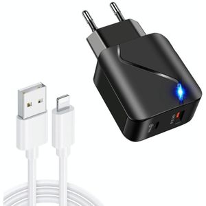 LZ-819A+C 18W QC3.0 USB + PD USB-C / Type-C-interface reislader met indicatorlicht + USB tot 8-pins snellaadgegevenskabelset  EU-stekker(Zwart)