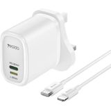 Yesido YC43 PD 20W USB-C / Type-C + 8-pins reislader met 1m Type-C naar 8-pins kabel  UK-stekker