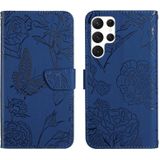 Voor Samsung Galaxy S23 Ultra 5G HT03 Skin Feel Butterfly Relif Flip Leather Phone Case (Blauw)