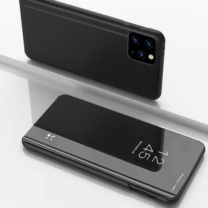 Voor Samsung Galaxy A22 5G Geplated Spiegel Horizontale Flip Leren Case met Houder (Zwart)