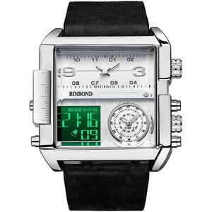 BINBOND B3332 vierkant multifunctioneel sportkwarts waterdicht horloge (zwart leer-wit-wit)