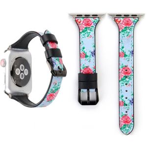 Letter T vorm eenvoudige Floral lederen polshorloge band met roestvrijstalen gesp voor Apple Watch serie 3 & 2 & 1 38mm (blauw)
