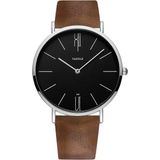 YAZOLE 506 eenvoudige grootschalige wijzerplaat mannen business quartz horloge (zilveren shell zwarte lade bruine riem)