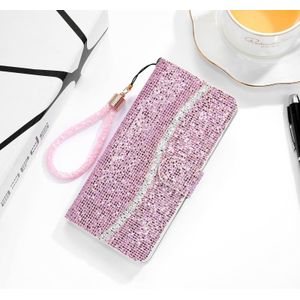 Voor Samsung Galaxy A70 Glitter Powder Horizontale Flip Lederen case met kaartslots & houder & lanyard(roze)