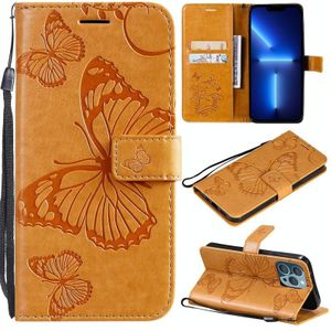 3D Butterfly Embossed Pattern Horizontal Flip Leather Case with Holder & Card Slot & Wallet & Lanyard For iPhone 13 Pro Max(Yellow)