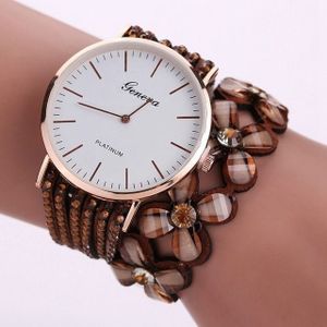 Vrouwen ronde wijzerplaat bloem Diamond hengsten armband horloge (koffie)