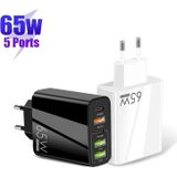 65W Dual PD Type-C + 3 x USB Multi Port-oplader met 3A USB naar Type-C datakabel  EU-stekker