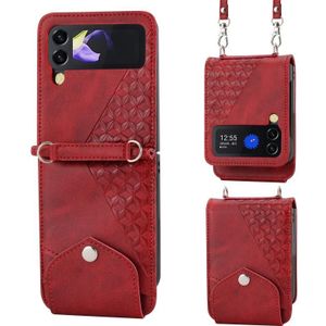 Voor Samsung Galaxy Z Flip4 Cubic Grid Kalf Textuur Lederen Telefoon Case met Nekkoord (Rood)