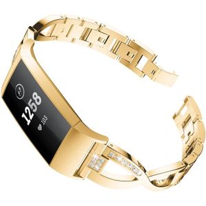 X-vormige diamant-bezaaid metalen stalen polsband horloge band voor Fitbit charge 3 (goud)