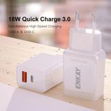 ENKAY Hat-Prince T030 18W 3A PD + QC3.0 Dual USB Snellaadstroomadapter EU Plug Portable Travel Charger met 1m 3A Type-C kabel