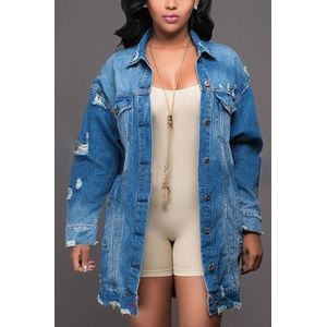 Dames Plus Size Mid-Length Ripped Denim Trench Coat (XXXL)