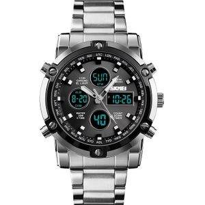 SKMEI 1389 multifunctionele mannen Business digitaal horloge 30m waterdicht grote Dial polshorloge met roestvrijstalen horlogeband (zilver + zwarte)