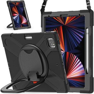 Silicone + PC Protective Case with Holder & Shoulder Strap For iPad Pro 12.9 2021(Black+Black)
