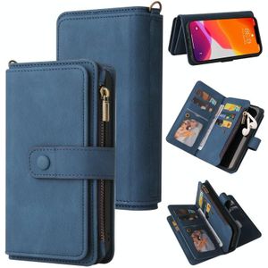 Skin Feel PU + TPU horizontale flip lederen geval met houder  15 kaarten slot  portemonnee & rits zak & lanyard voor iPhone 12 Pro Max (blauw)