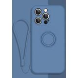 All-inclusive Liquid Silicone Phone Protective Case with Ring Holder & Lanyard For iPhone 13 Pro Max(Navy Blue)