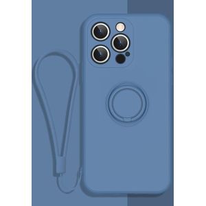 All-inclusive Liquid Silicone Phone Protective Case with Ring Holder & Lanyard For iPhone 13 Pro Max(Navy Blue)