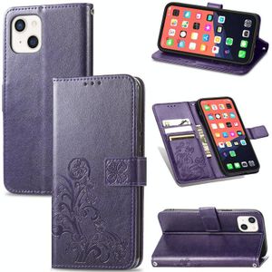 Voor iPhone 13 Mini Four-Leaf Clover Clasp Inmorting Buckle Mobiele Telefoon Bescherming Leren Case met Lanyard & Card Slot & Portemonnee & Bracket-functie (Paars)