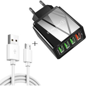 2 in 1 1m USB naar Micro USB Data Cable + 30W QC 3.0 4 USB Interfaces Mobile Phone Tablet PC Universal Quick Charger Travel Charger Set  EU Plug(Black)