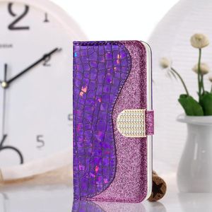 Laser Glitter Poeder Bijpassende Krokodil Textuur Horizontale Flip Lederen Case met Kaart Slots & Houder & Portemonnee voor iPhone 13 (Paars)