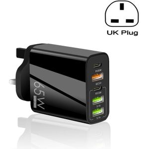 65W Dual PD Type-C + 3 x USB Multi Port-oplader voor telefoon en tablet-pc  UK-stekker