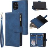 Voor iPhone 12 6.1 Multifunctionele Retro Frosted Horizontal Flip Leather Case met Card Slot & Holder & Zipper Wallet & Photo Frame & Lanyard(Blauw)