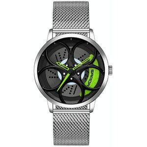 Sanda 1070 3D Ovaal Hol Wiel Niet-roteerbaar Dial Quartz Horloge voor Mannen  Stijl: Mesh Riem (Silver Green)