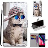 Gekleurde tekening Kruistextuur Horizontale Flip PU Lederen case met Houder & Kaart Slots & Wallet & Lanyard Voor iPhone SE 2020 / 8 / 7(Slant Hat Blue Mirror Cat)