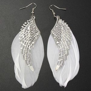 Vleugel oorbellen Boheemse handgemaakte Vintage Feather Long Drop Earrings(White) metaal