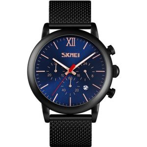 Skmei 9203 Night Light Mannen Kijken Fashion Leisure Multi-Function Timing Steel Mesh Belt Quartz Horloge (Blauw)