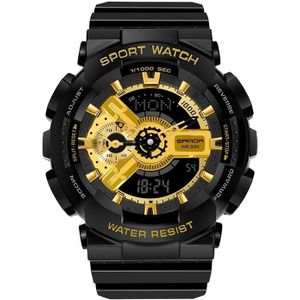 Sanda World Time Luminous Kalender Multifunctionele Mannen Sport Quartz Horloge (3110 Zwart Goud)
