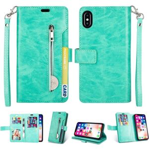 Voor iPhone X / XS Multifunctionele Rits Horizontale Flip Lederen Case met Holder & Wallet & 9 Card Slots & Lanyard(Mint Green)