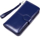 Dames Wax Leer Retro Lange Grote Capaciteit Multifunctionele Portemonnee Clutch Bag (donkerblauw)
