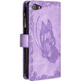 Voor iPhone 8/7 Flying Butterfly Embossing Pattern Rits Horizontale Flip Leren Case met Houder & Card Slots & Portemonnee (Paars)