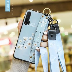 Voor Huawei Nova 6 Bloemendoek Patroon Shockproof TPU Case met Houder & Polsband & Neck Lanyard(Blauw)