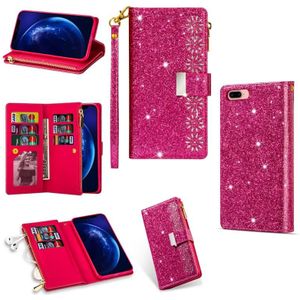 Voor iPhone 8 Plus / 7 Plus Multi-card Slots Starry Sky Laser Carving Glitter Zipper Horizontale Flip Lederen Case met Holder & Wallet & Lanyard(Rose Red)