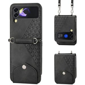 Voor Samsung Galaxy Z Flip4 Cubic Grid Kalf Textuur Lederen Telefoon Case met Nekkoord (Zwart)